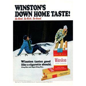 1972 Winston Cigarettes Vintage Print Ad Couple Winter Snow Sleigh Sled Wall Art